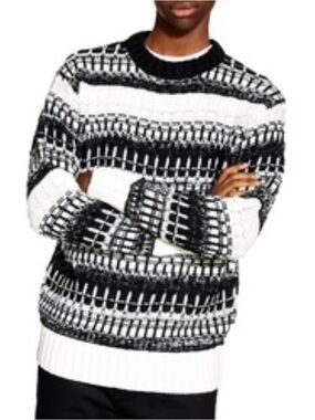 Topman Black and White Textured Stripe Crewneck Sweater